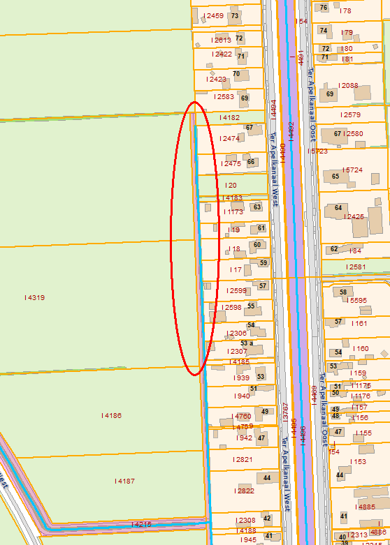 Kaartweergave van een gebied met perceelnummers en gebouwen. Rechts loopt een weg met bebouwing en links een groen gebied met percelen. Een rood ovaal markeert een specifieke locatie langs een watergang.